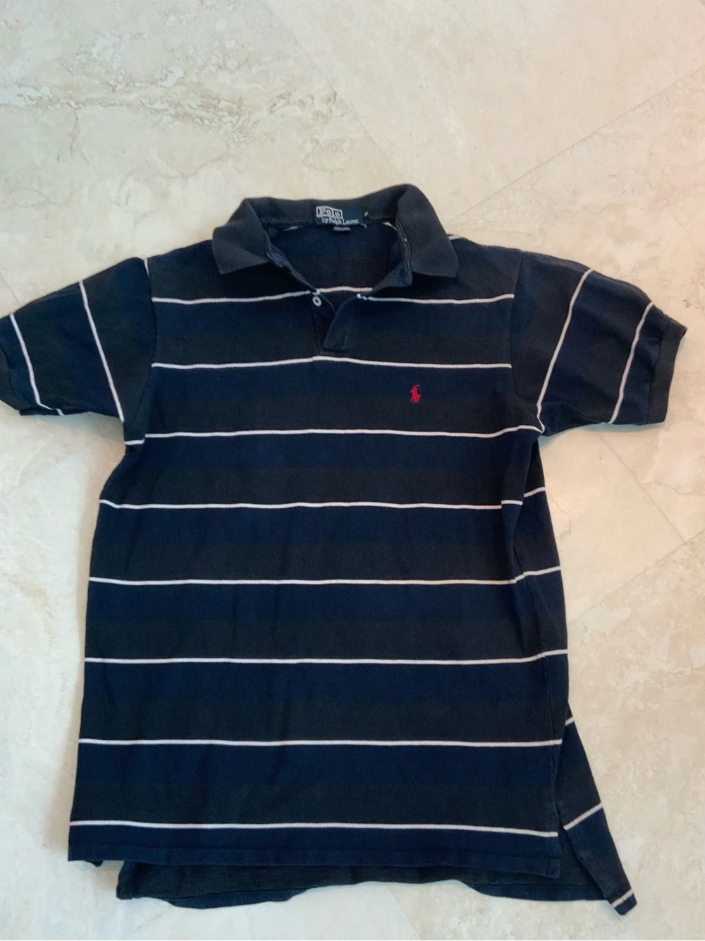 Ralph Lauren Navy/Black Polo with White Stripes and Red Pony Sz Med